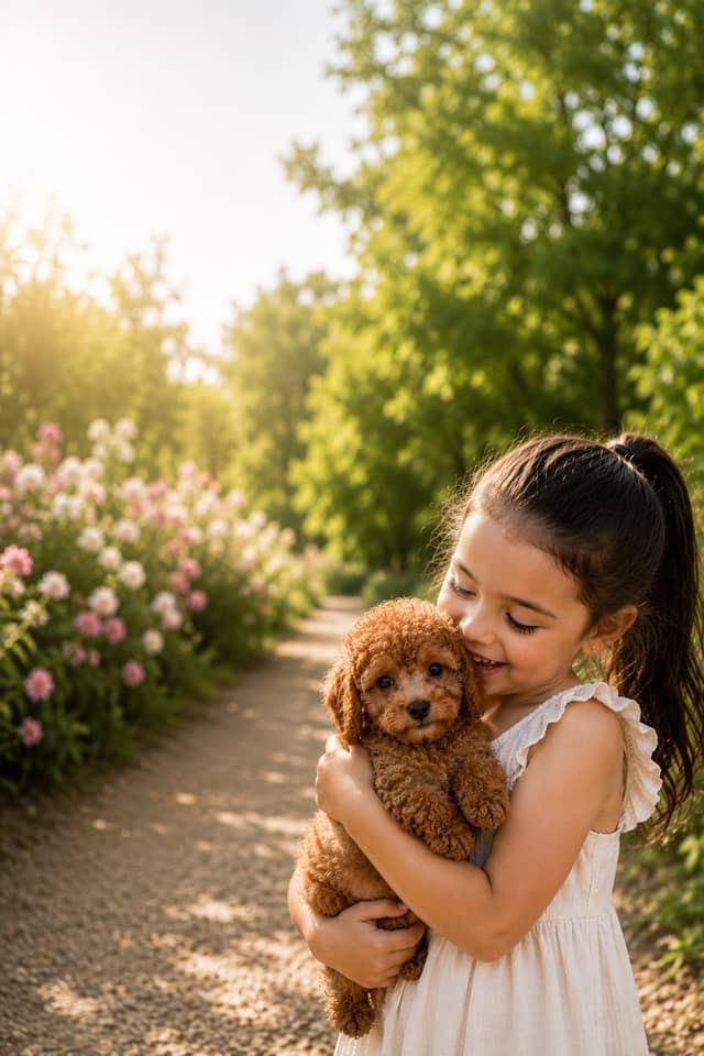 A young girl holding and nuzzling her fluffy red toy-poodle puppy on a sunlit, flower-lined Dallas–Fort Worth garden path.