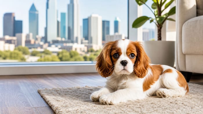 Cavalier King Charles Spaniel puppy resting by a sunny apartment window with the Dallas skyline beyond