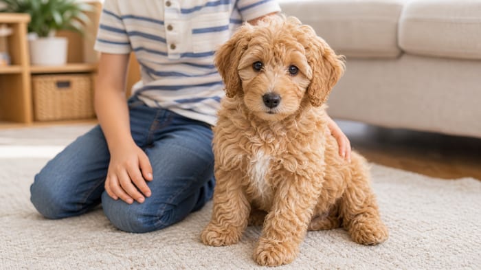 Apricot low-shedding doodle puppy sitting beside a child in a bright living room