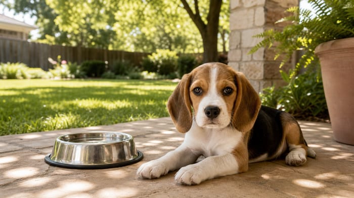 Beagle puppy resting in shaded Texas backyard beside a water bowl