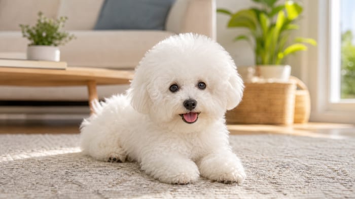 White Bichon Frise puppy sitting in a bright family living room