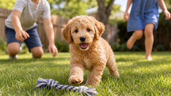 Goldendoodle puppy playing with children on a sunny green lawn