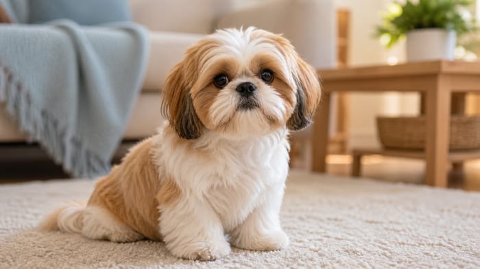 Small Shih Tzu puppy sitting calmly in a cozy home