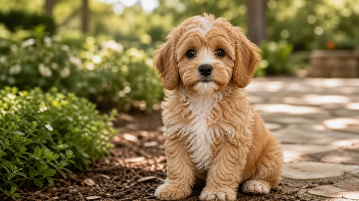 Apricot Cavapoo puppy portrait in a leafy sunlit garden