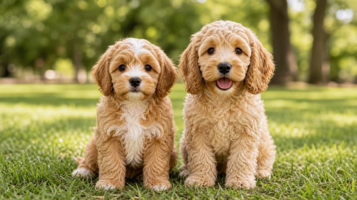 Cavapoo and Cockapoo puppies sitting side by side on grass