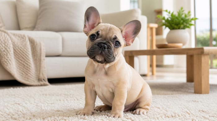 Fawn French Bulldog puppy sitting in bright natural light