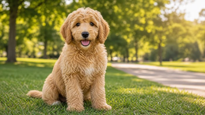 Golden curly Goldendoodle puppy sitting in a sunny park