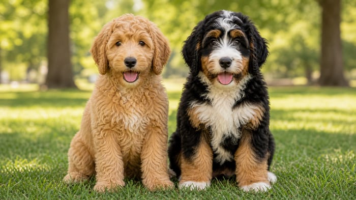 Golden Goldendoodle puppy beside a tri-color Bernedoodle puppy on grass