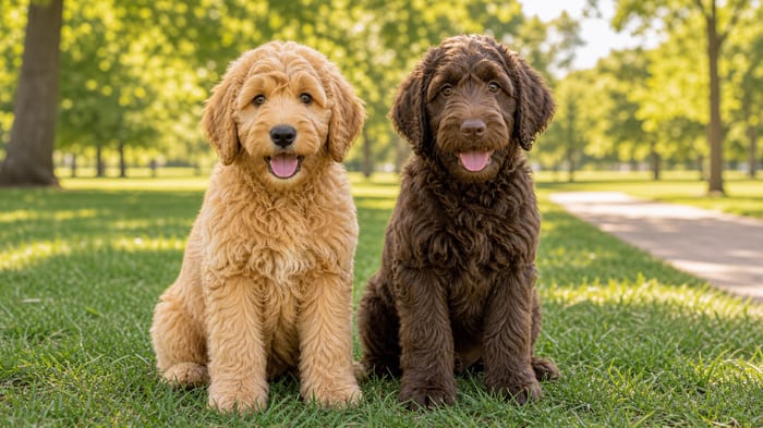 Golden Goldendoodle puppy beside a chocolate Labradoodle puppy in a park