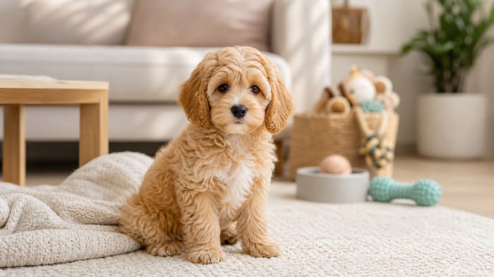 Apricot Cavapoo puppy sitting in a warm home with puppy supplies nearby