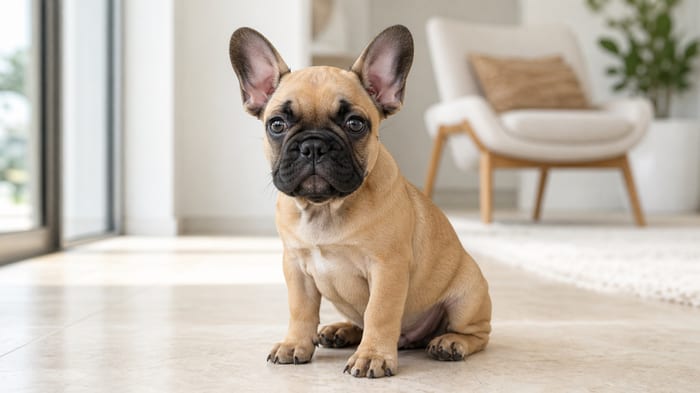 Fawn French Bulldog puppy in a clean bright home interior