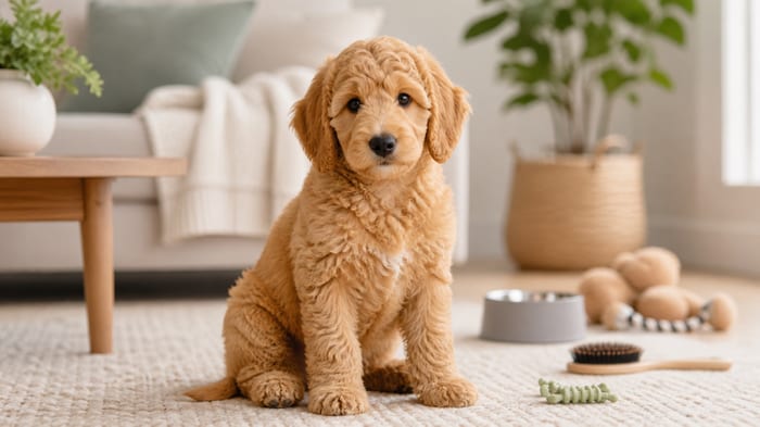 Curly Goldendoodle puppy sitting in a warm home with care supplies nearby