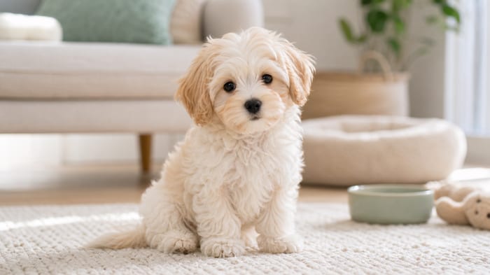 Fluffy cream Maltipoo puppy in a bright home with puppy supplies nearby