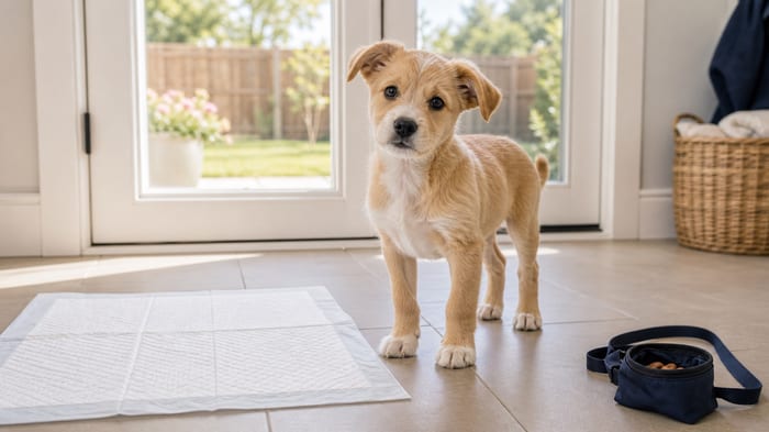 Young puppy standing by a back door and clean potty pad