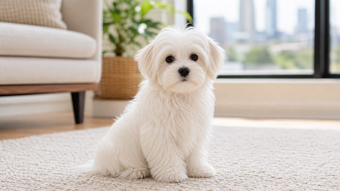 White Maltese puppy sitting in a bright apartment living room