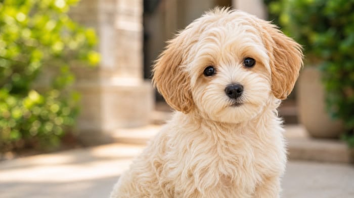 Cream Maltipoo puppy portrait on a sunny garden patio