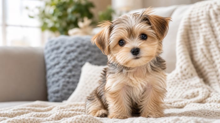 Tiny tan and cream Morkie puppy sitting on a cozy blanket