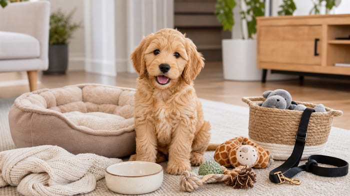 Golden puppy sitting among a bed, bowl, toys, and leash in a bright home