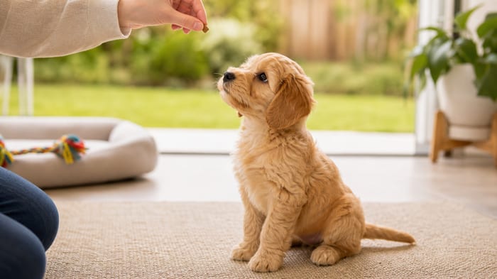 Puppy learning to sit for a treat in a bright training area