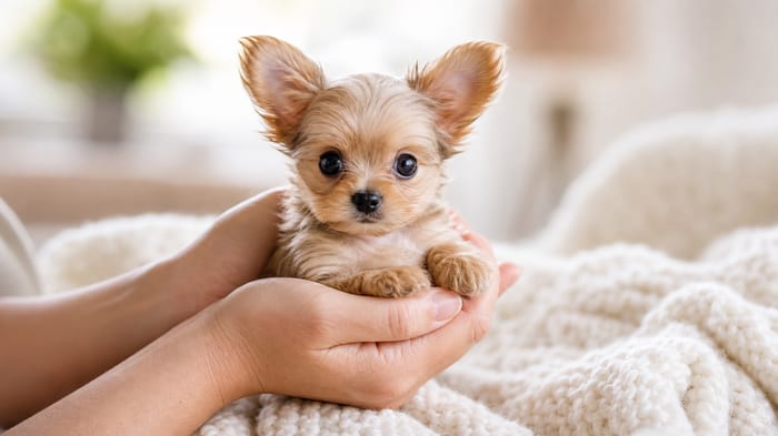 Tiny teacup puppy gently cupped in two hands