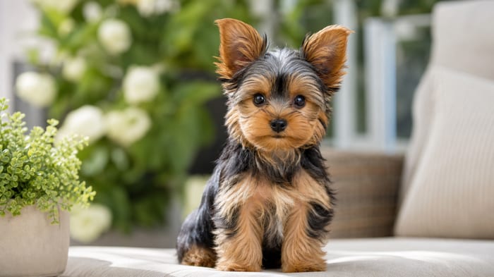 Yorkshire Terrier puppy with tan and steel-blue coat in soft daylight