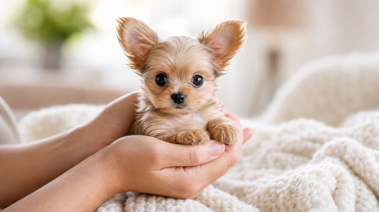 Tiny teacup puppy gently cupped in two hands