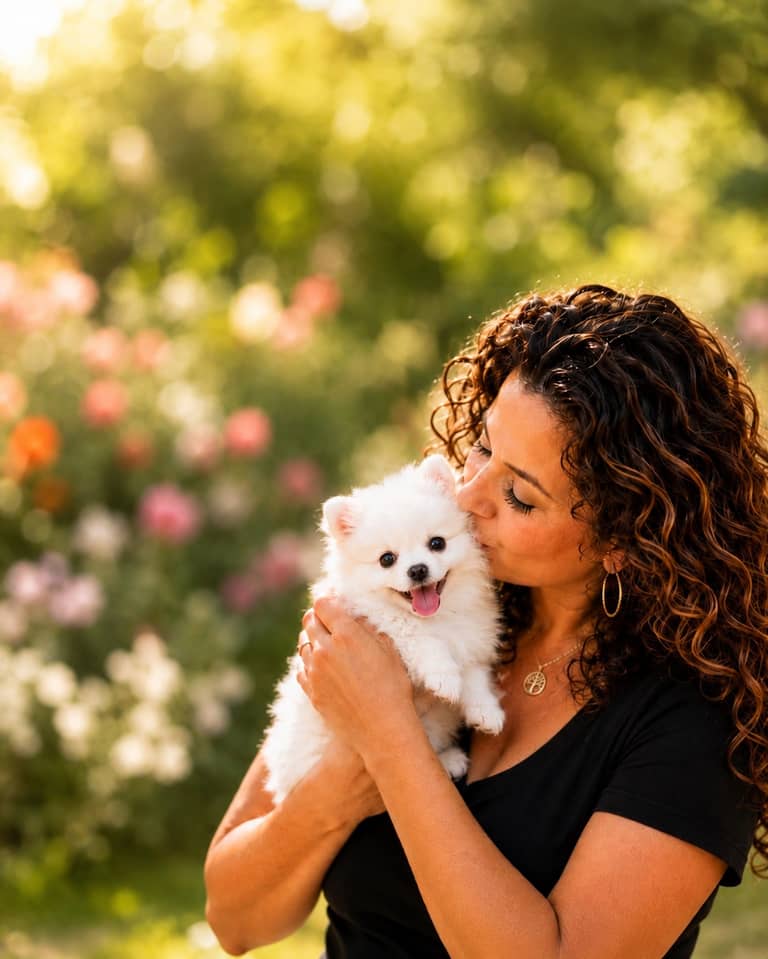A woman cradles and kisses her fluffy white Pomeranian puppy in a sunlit, flower-filled Dallas–Fort Worth garden — Wellspring Puppies