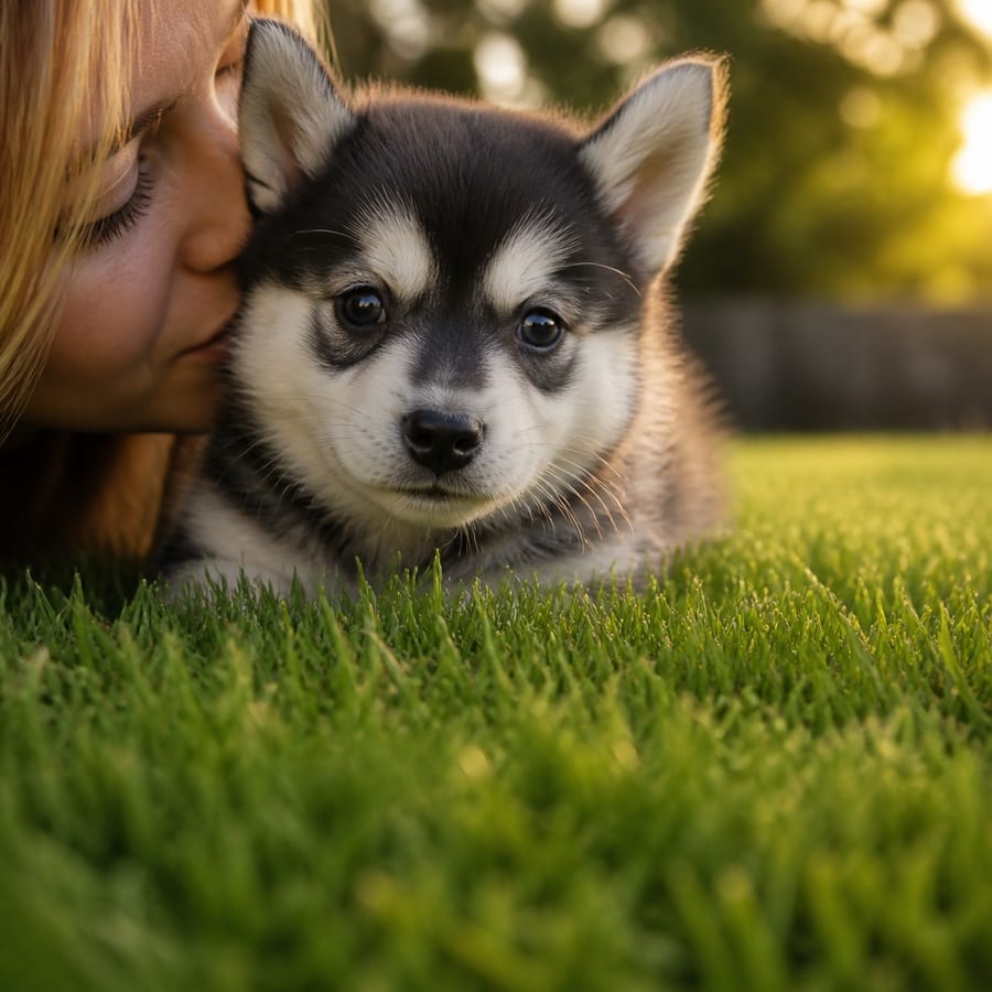 A young girl kissing a black-and-white Alaskan Klee Kai puppy on a sunlit, fenced North Texas lawn at golden hour