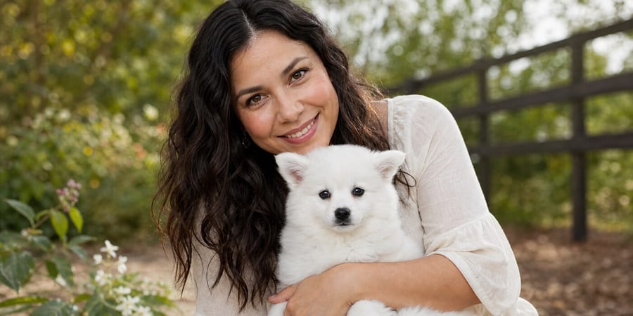 An adult woman holding a young American Eskimo puppy close in a North Texas garden