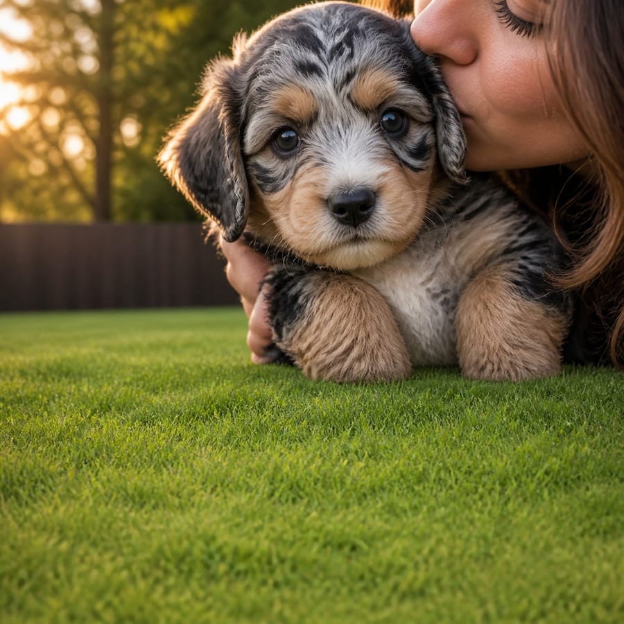 An older woman holding a young Aussiepoo puppy close in a North Texas garden