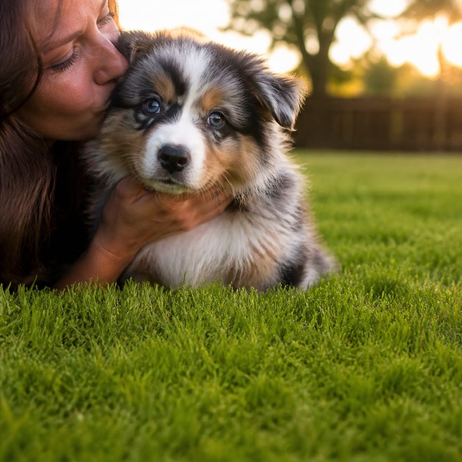 A young girl lying in the grass kissing a blue-eyed Australian Shepherd puppy in a fenced North Texas yard