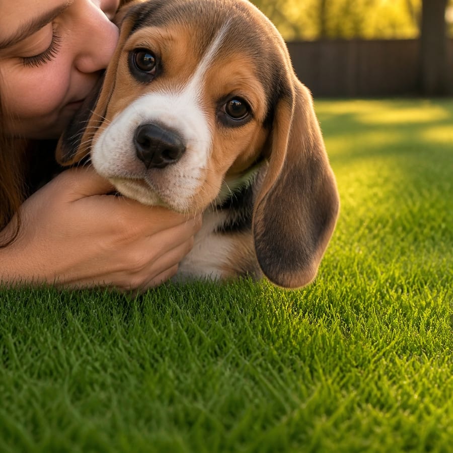 A young girl kissing a tricolor Beagle puppy on a sunlit, fenced North Texas lawn at golden hour