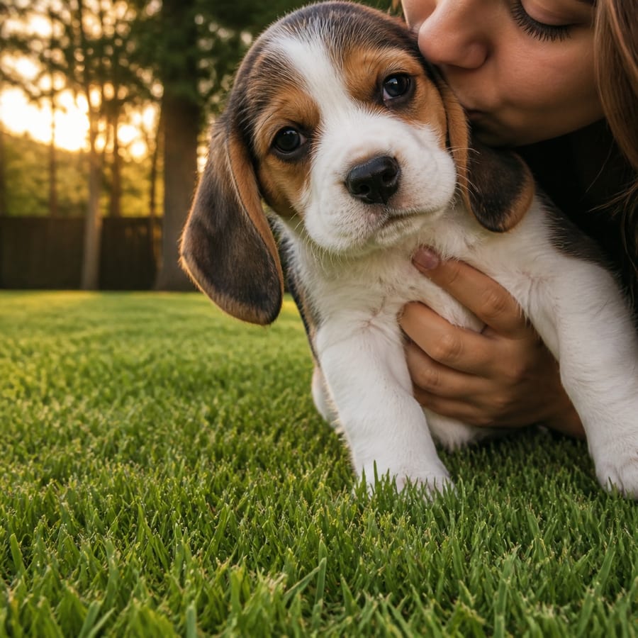 A young girl kissing a tricolor Beaglier puppy on a sunlit, fenced North Texas lawn at golden hour