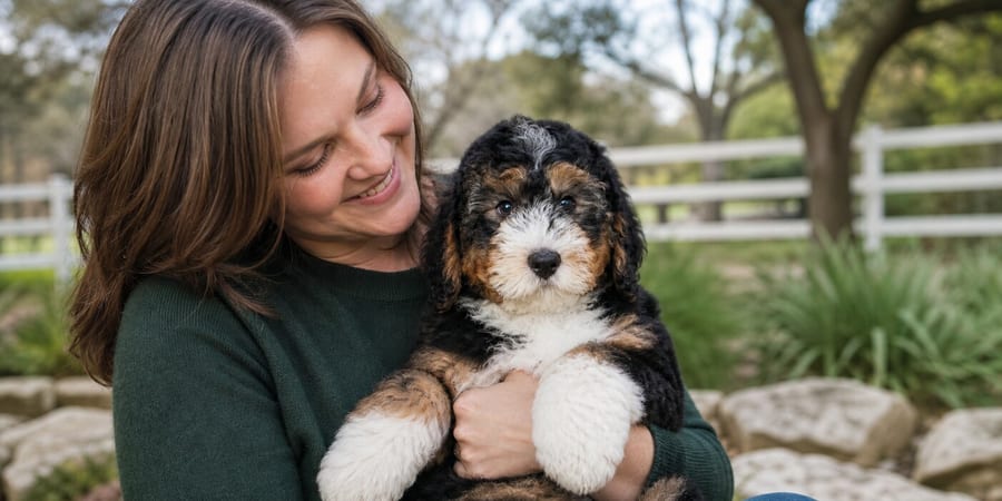 An adult woman holding a young Bernedoodle puppy close in a North Texas garden