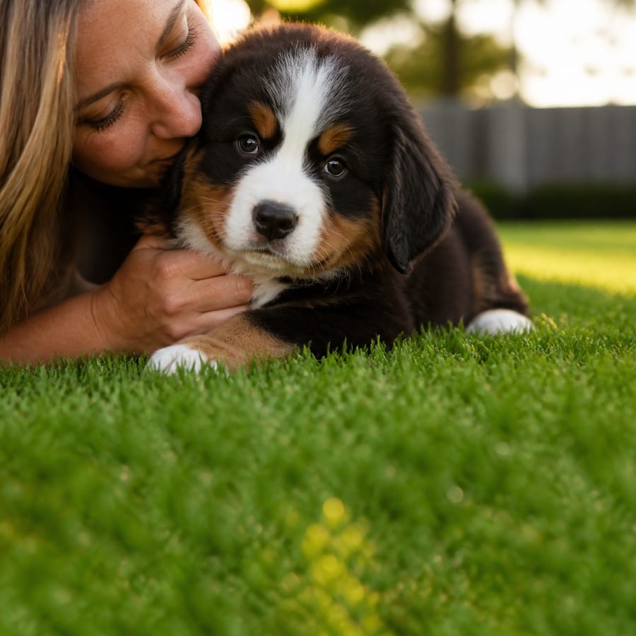 An adult man holding a young Bernese Mountain Dog puppy close in a North Texas garden