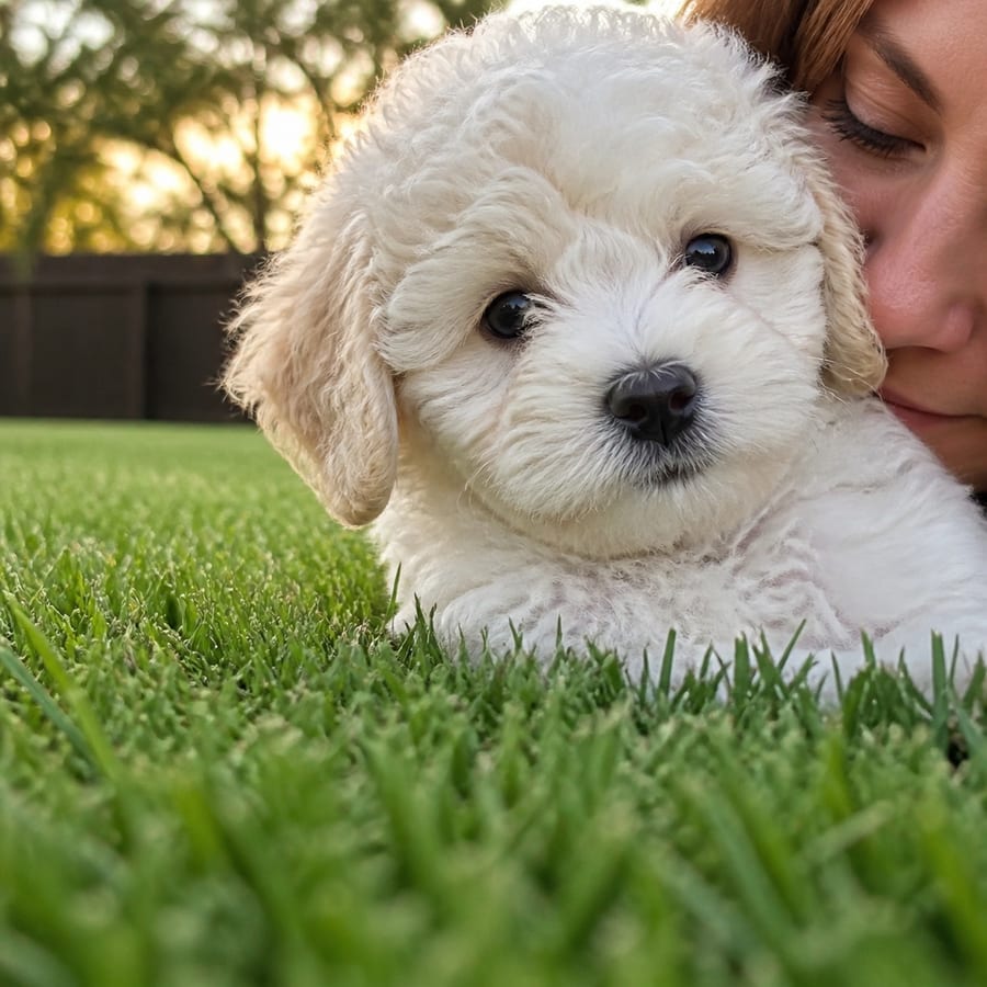 A young girl kissing a curly apricot Bichonpoo puppy on a sunlit, fenced North Texas lawn at golden hour