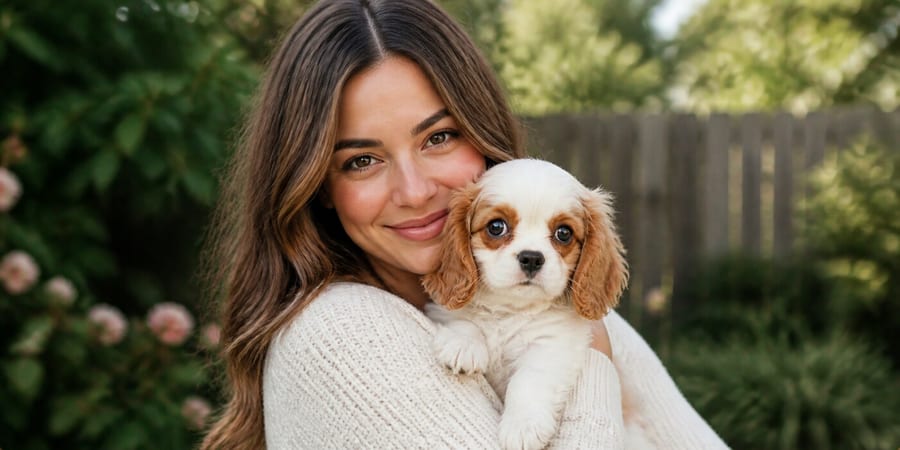 An adult woman holding a young Cavachon puppy close in a North Texas garden