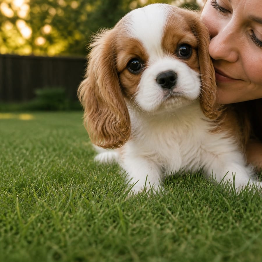 An older woman holding a young Cavalier King Charles Spaniel puppy close in a North Texas garden