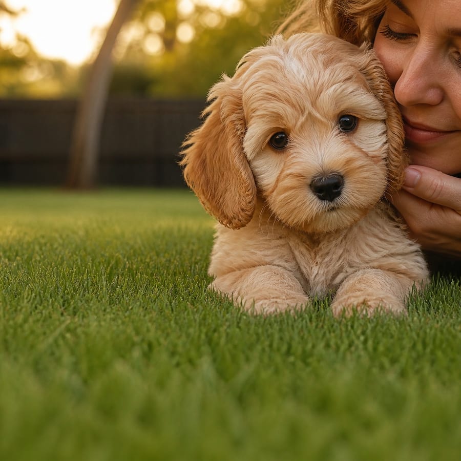 A young woman kissing a curly apricot Cavapoo puppy on a sunlit, fenced North Texas lawn at golden hour