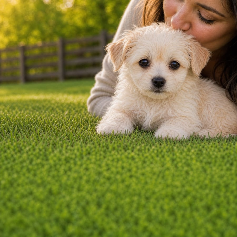 A woman kissing a small cream Chipoo puppy on a sunlit, fenced North Texas lawn at golden hour