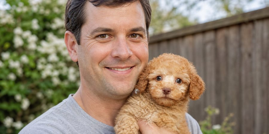 An adult man holding a young Cockapoo puppy close in a North Texas garden