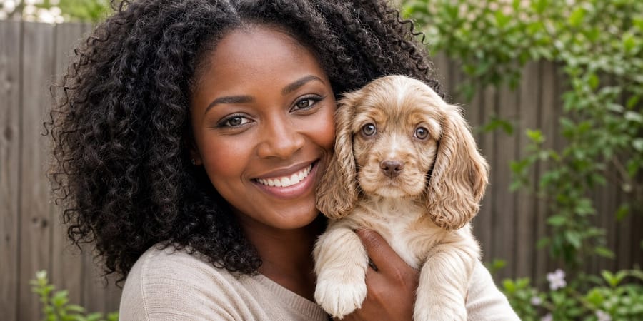 An adult woman holding a young Cocker Spaniel puppy close in a North Texas garden