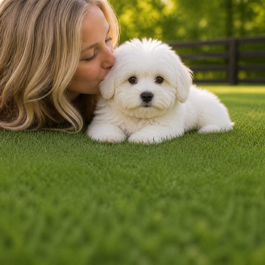 A woman kissing a fluffy white Coton de Tulear puppy on a sunlit, fenced North Texas lawn at golden hour