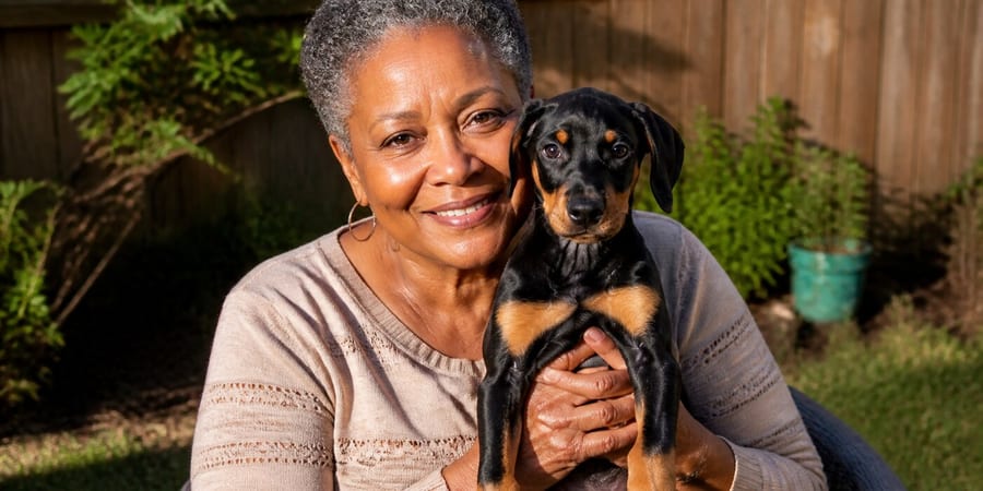 An older woman holding a young Doberman Pinscher puppy close in a North Texas garden