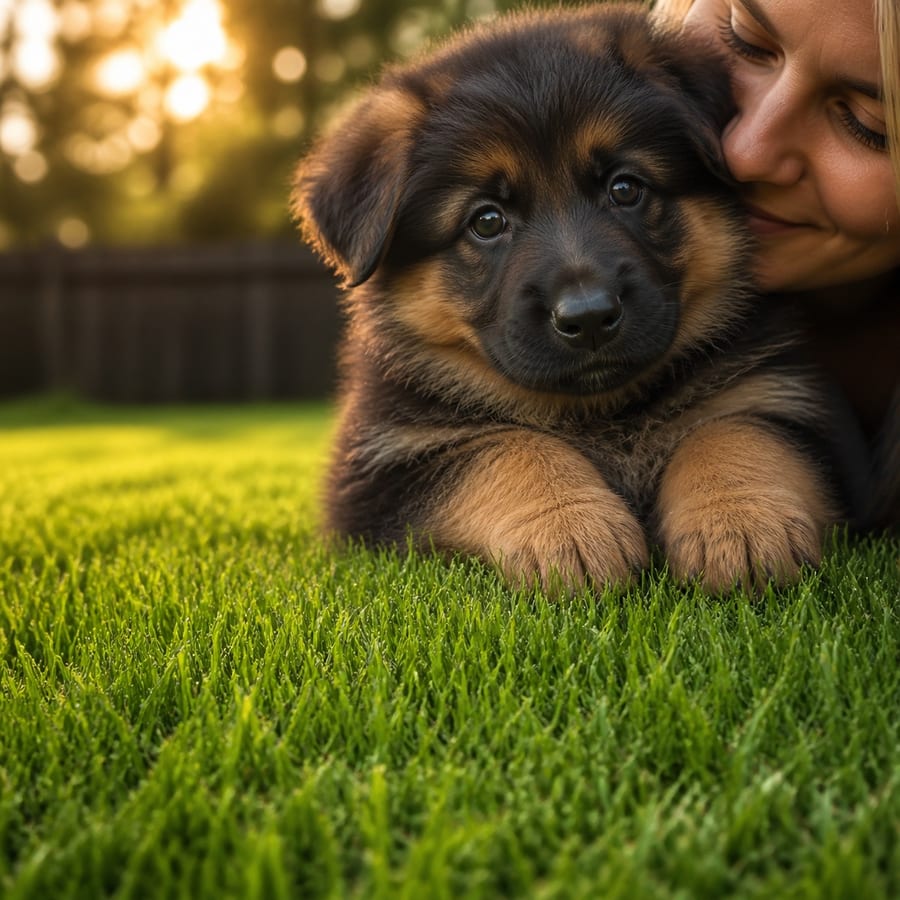An older woman holding a young German Shepherd puppy close in a North Texas garden