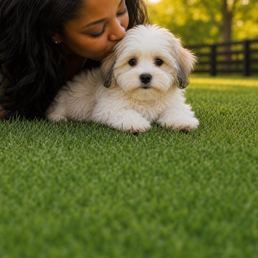 A woman kissing a cream-and-tan Havanese puppy on a sunlit, fenced North Texas lawn at golden hour