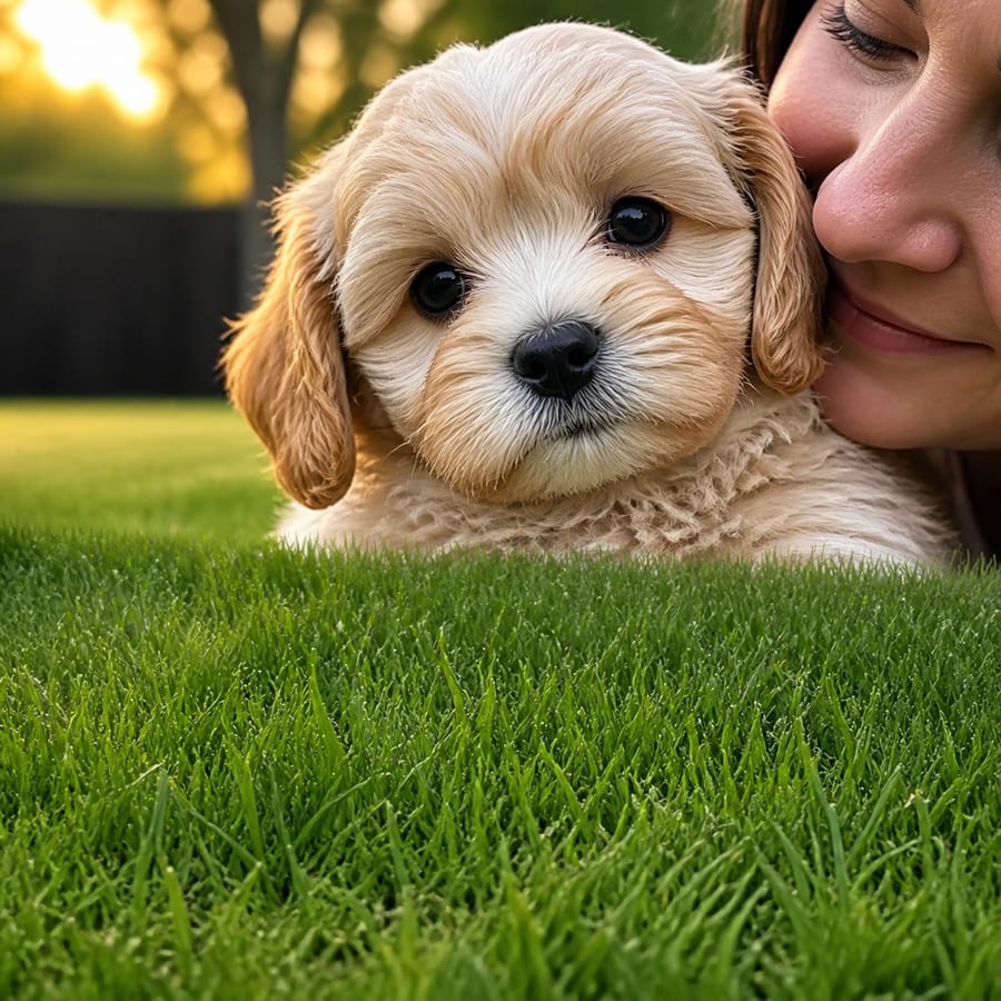 An adult woman holding a young Lhasa Poo puppy close in a North Texas garden