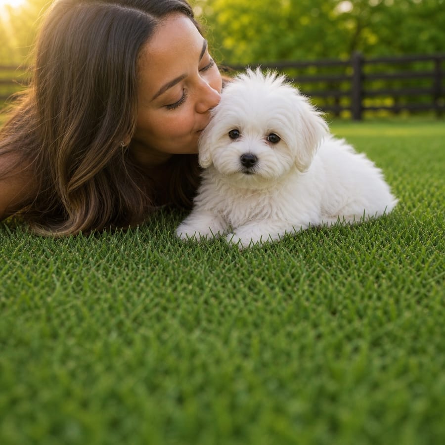 A woman kissing a small white Maltese puppy on a sunlit, fenced North Texas lawn at golden hour