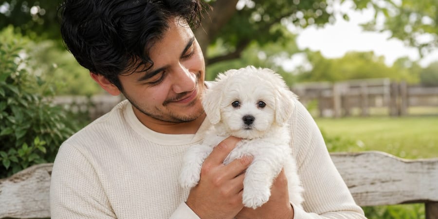 An adult man holding a young Maltichon puppy close in a North Texas garden