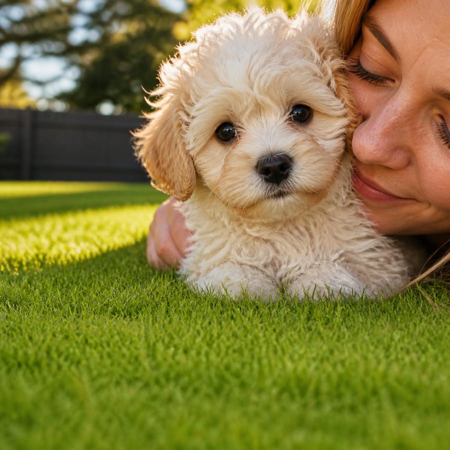 A woman kissing a curly apricot Maltipoo puppy on a sunlit, fenced North Texas lawn at golden hour